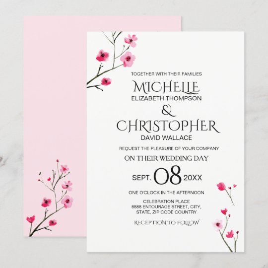 ピンク水エレガント彩さくらんぼ花結婚咲き 招待状 Zazzle Co Jp