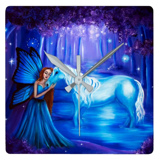 ファンタジーの妖精およびユニコーンの絵画の柱時計 スクエア壁時計 Zazzle Co Jp