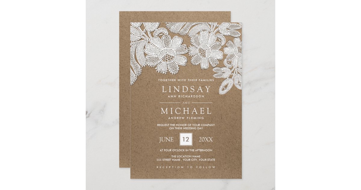 ホワイトレース クラフト紙結婚式招待状 招待状 Zazzle Co Jp ホワイトレース クラフト紙結婚式招待状 招待状 Zazzle Co Jp