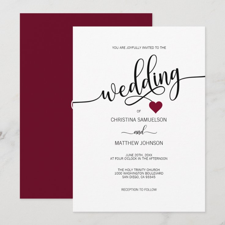 モダンシンプル黒 ホワイト バーガンディ ハート結婚の 招待状 Zazzle Co Jp