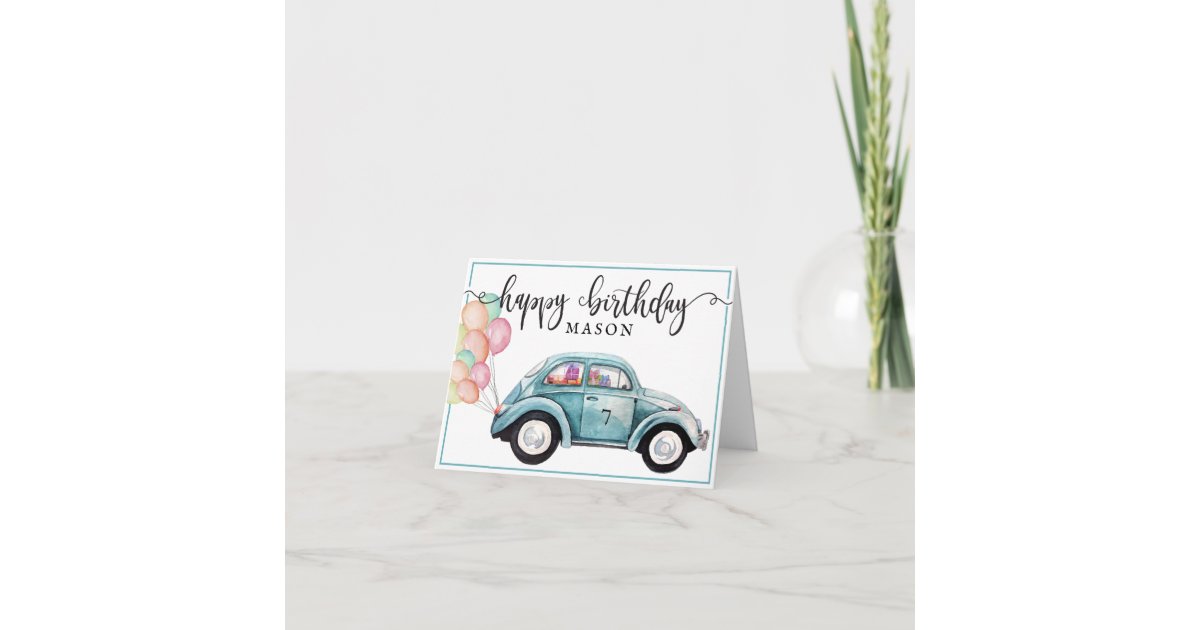 ラブバグ 風船付き青い車 誕生日 カード Zazzle Co Jp