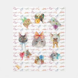 リボン猫(cat with ribbon/gato com fita) フリースブランケット