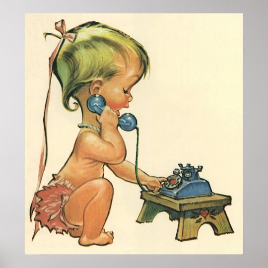 ヴィンテージのかわいい金髪の女の子がおもちゃの電話で話す ポスター Zazzle Co Jp