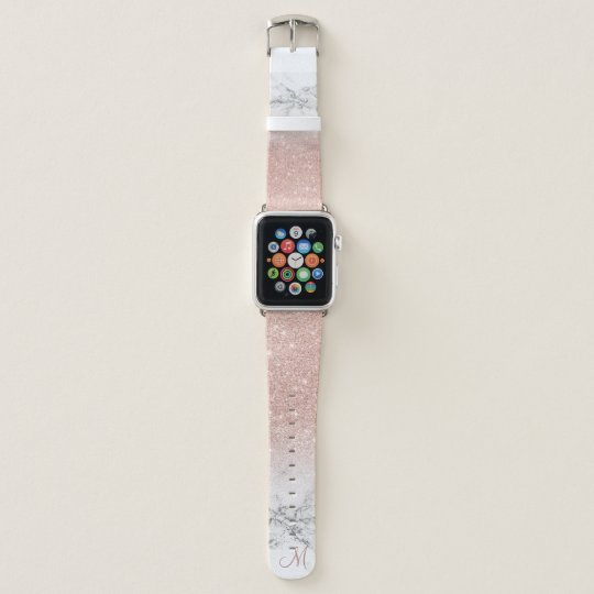 上品のばら色の金ゴールドのグリッターのグラデーションで白い大理石のモノグラム Apple Watchバンド Zazzle Co Jp