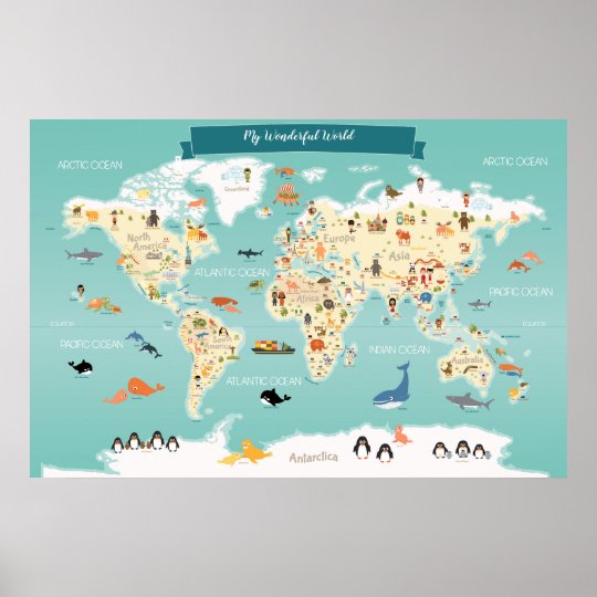 動物および陸標が付いている子供の世界地図 ポスター Zazzle Co Jp