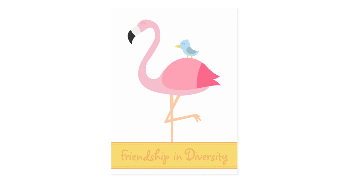 友情の漫画 青い鳥を持つピンクのフラミンゴ ポストカード Zazzle Co Jp
