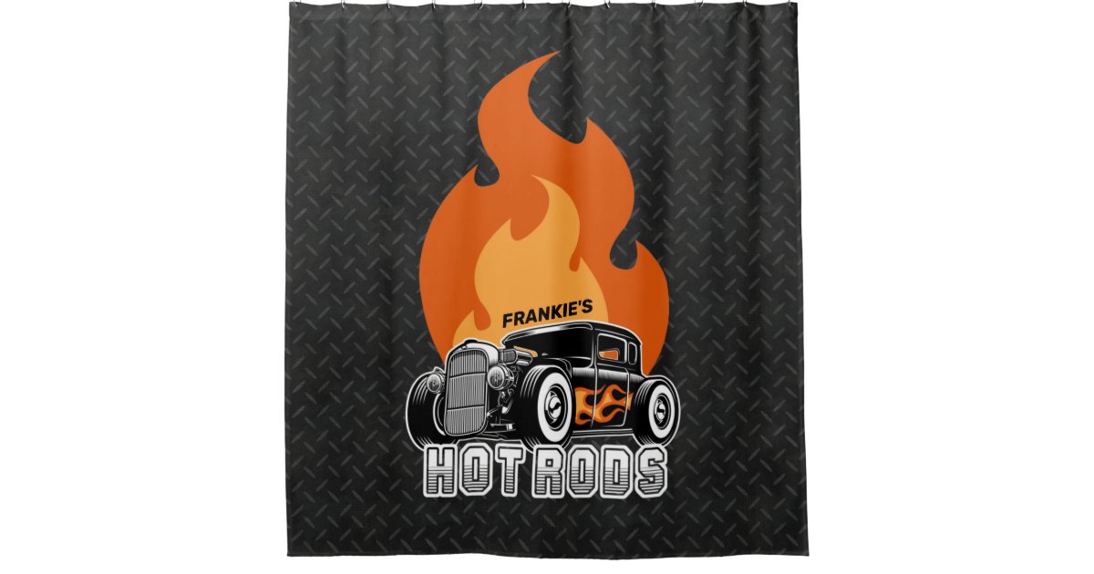 名前をカスタムするレトロ改造クーペの熱い炎 シャワーカーテン Zazzle Co Jp