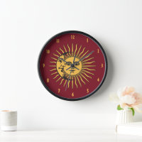 太陽と月の顔ボホ金ゴールドと赤 壁時計 | Zazzle.co.jp