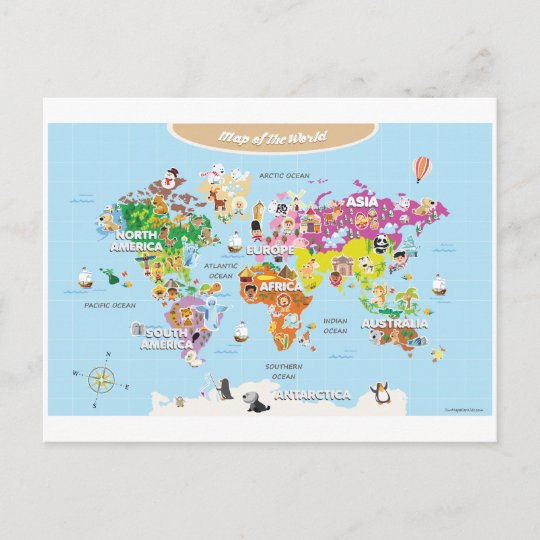子供へ世界地図 かわいいおよびおもしろい ポストカード Zazzle Co Jp