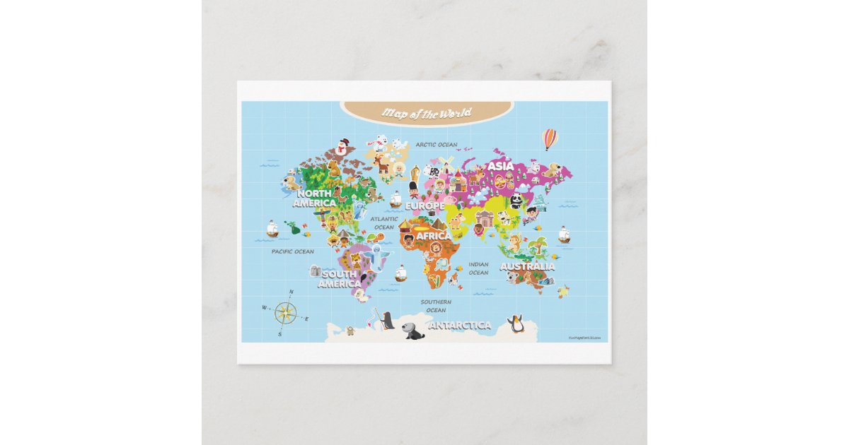 子供へ世界地図 かわいいおよびおもしろい ポストカード Zazzle Co Jp