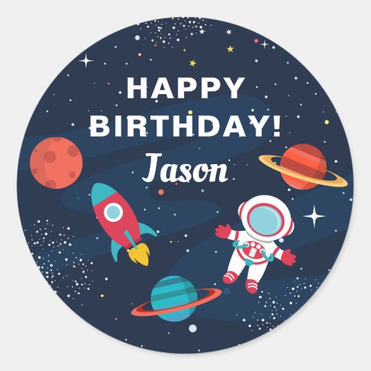 宇宙飛行士ロケット船誕生日 ラウンドシール Zazzle Co Jp