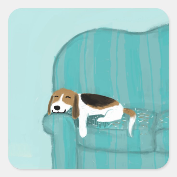 幸せなソファ犬 かわいいビーグル犬 スクエアシール Zazzle Co Jp