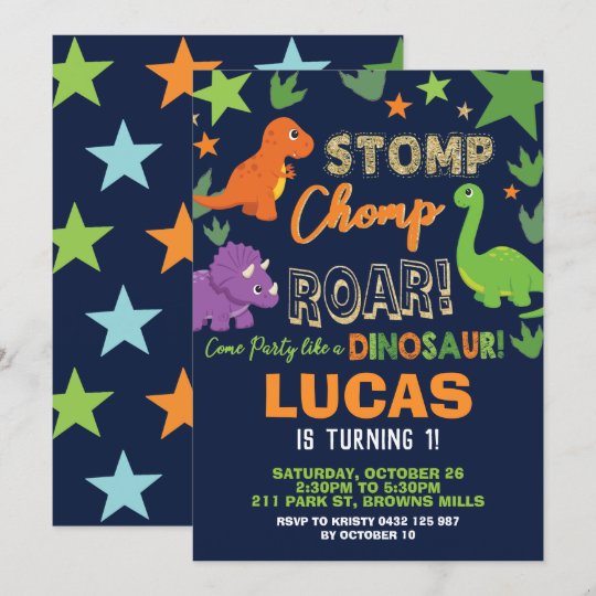 恐竜の第1誕生会の男の子はchompとどろきをずかずかと歩きます 招待状 Zazzle Co Jp