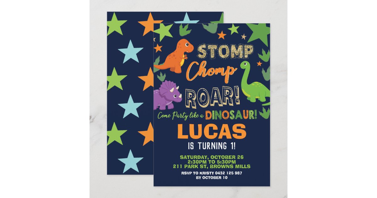 恐竜の第1誕生会の男の子はchompとどろきをずかずかと歩きます 招待状 Zazzle Co Jp