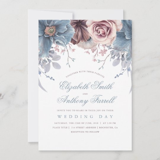 挨りだらけの青および藤色の水彩画の花の結婚式 招待状 Zazzle Co Jp