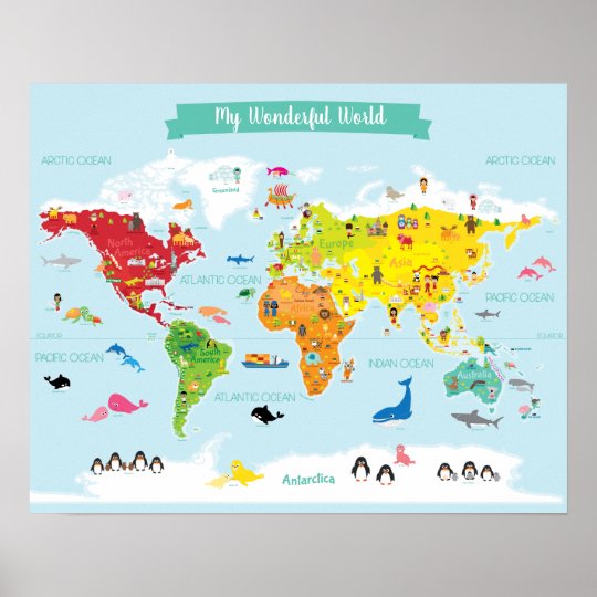 明るい子どもの世界地図とイラスト ポスター Zazzle Co Jp