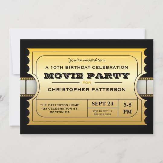 映画パーティーの誕生会の入場の金ゴールドのチケット 招待状 Zazzle Co Jp