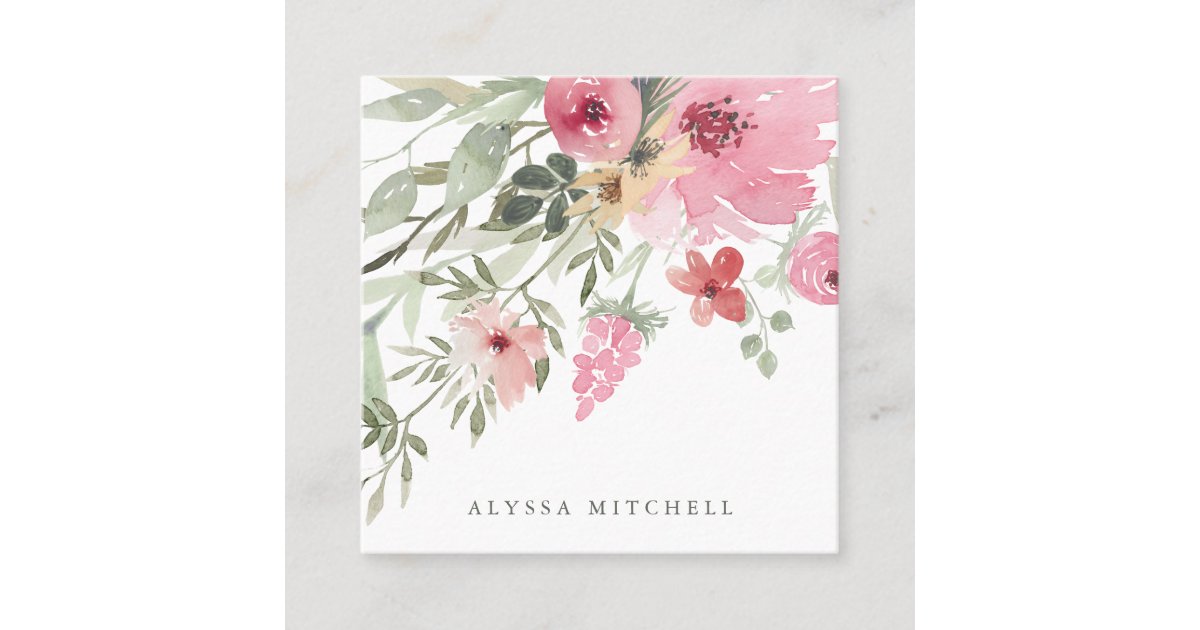 最小主義の開花 のピンクの水彩画の花柄 スクエア名刺 Zazzle Co Jp