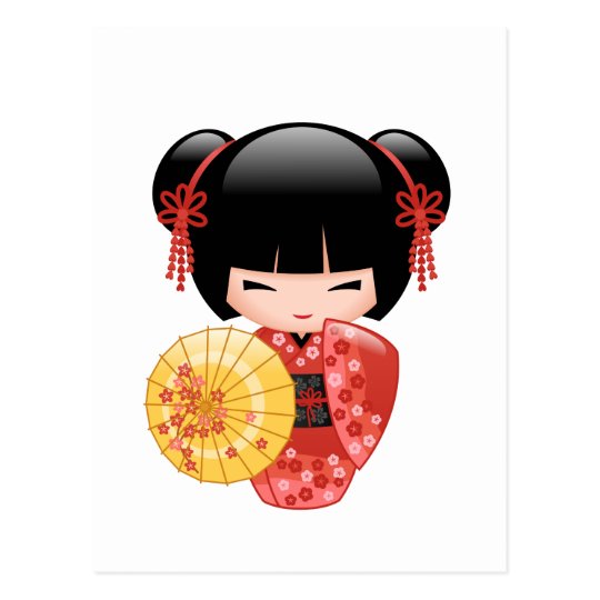 桜のkokeshiの赤い人形 かわいい芸者 ポストカード Zazzle Co Jp