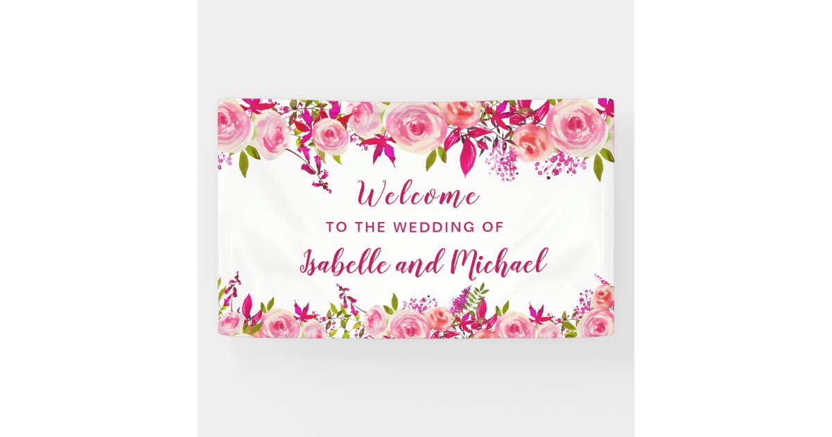 歓迎されたピンクのバラの果実の水彩画の花柄の結婚 横断幕 Zazzle Co Jp