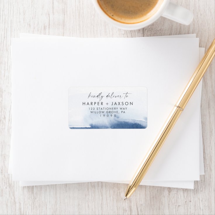 水モダン色 Blue結婚式の出欠確認のアドレス ラベル Zazzle Co Jp