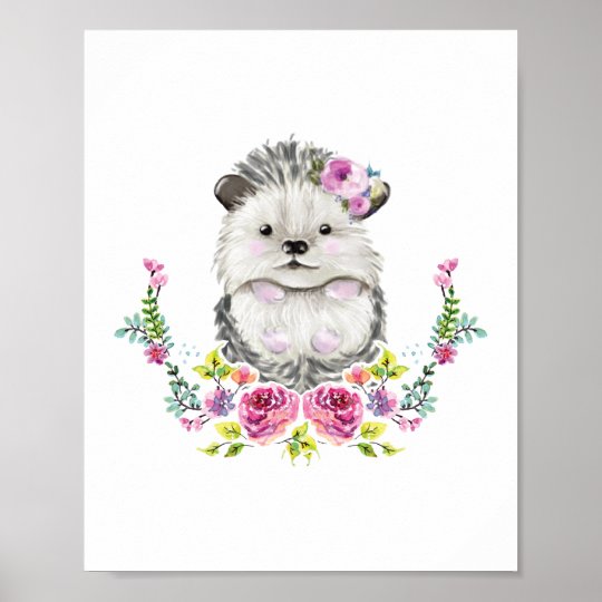 水彩画の花を持つ手塗りのハリネズミ ポスター Zazzle Co Jp