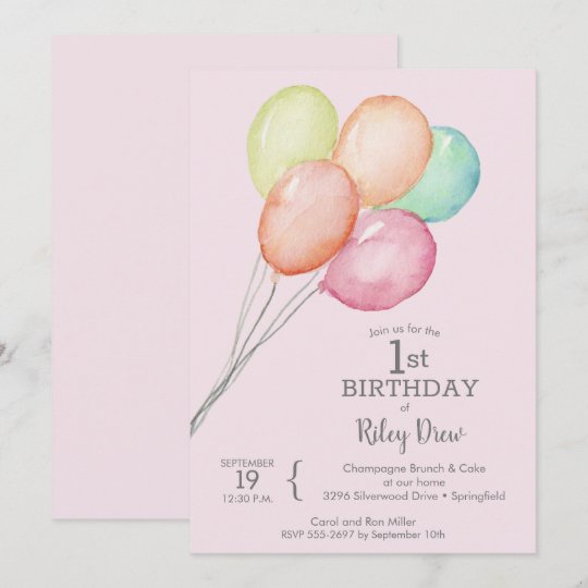 水彩風船ピンク1歳の誕生日招待状 Zazzle Co Jp