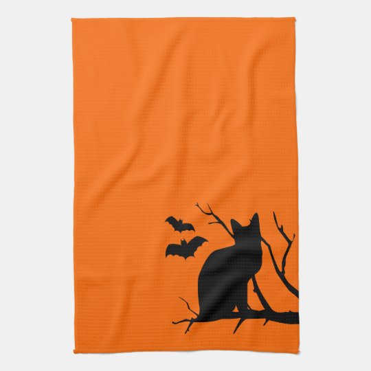 猫のシルエットのオレンジハロウィンの台所タオル キッチンタオル Zazzle Co Jp