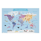 動物と目印のある子どもの世界地図 ポスター Zazzle Co Jp