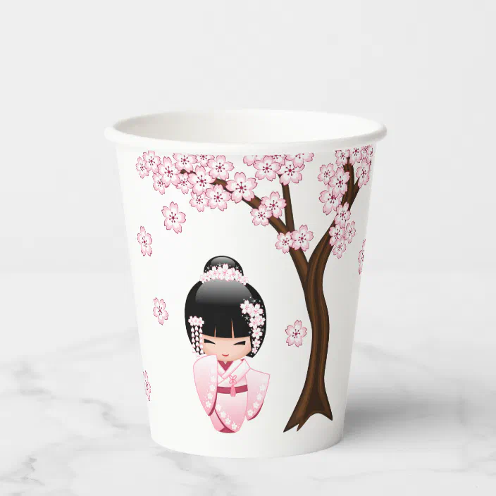白い着物こけし人形 かわいい芸者 紙コップ Zazzle Co Jp