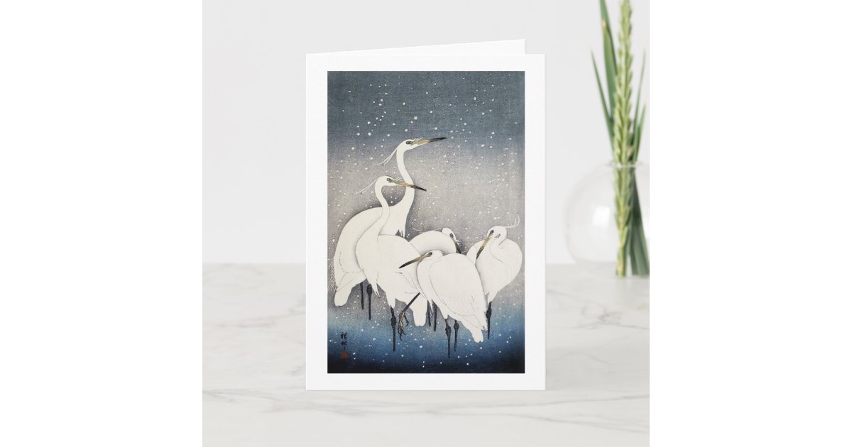 白鷺の群れ 白鷺の古邨のグループ Ohara Kosonの木版画 カード Zazzle Co Jp