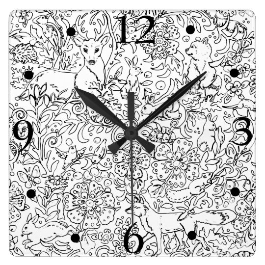 白黒林素朴動物キツネウサギスケッチ スクエア壁時計 Zazzle Co Jp