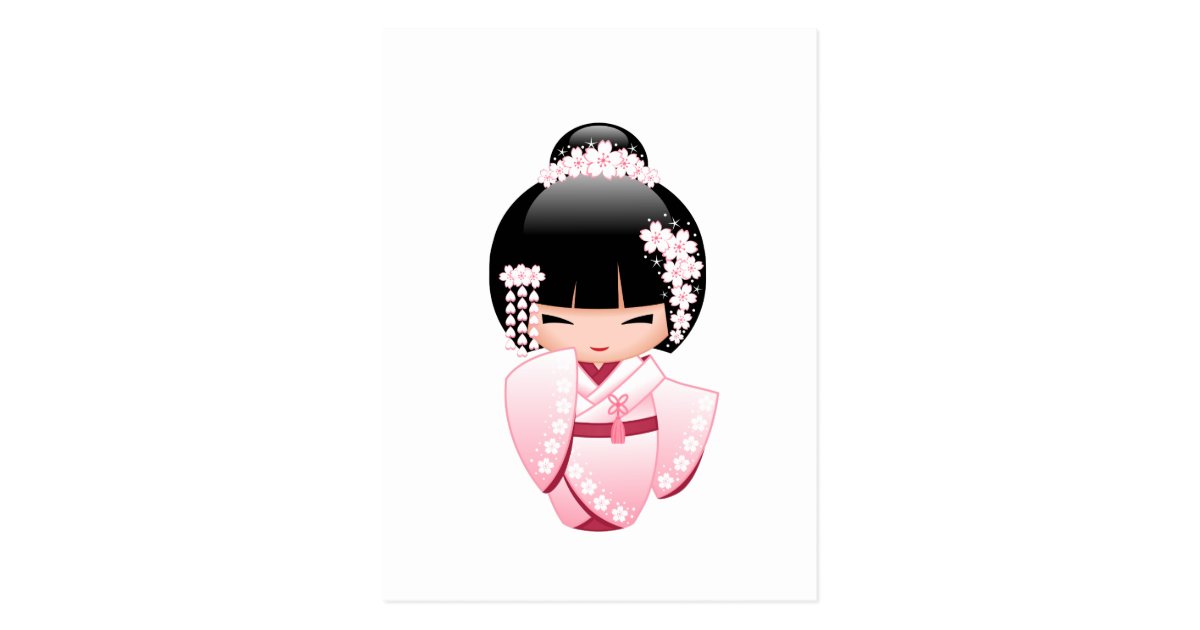 着物のkokeshiの白い人形 かわいい芸者女の子 ポストカード Zazzle Co Jp