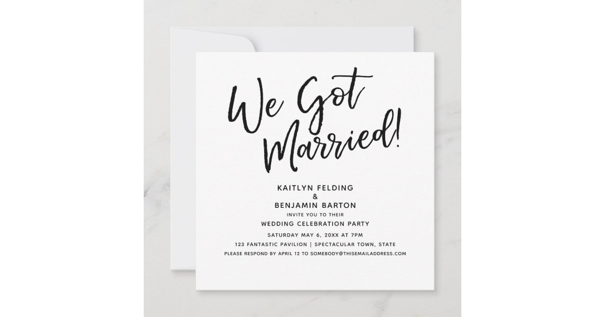 私たち得だ結婚した 結婚式のモダンレセプションのスクリプト 招待状 Zazzle Co Jp