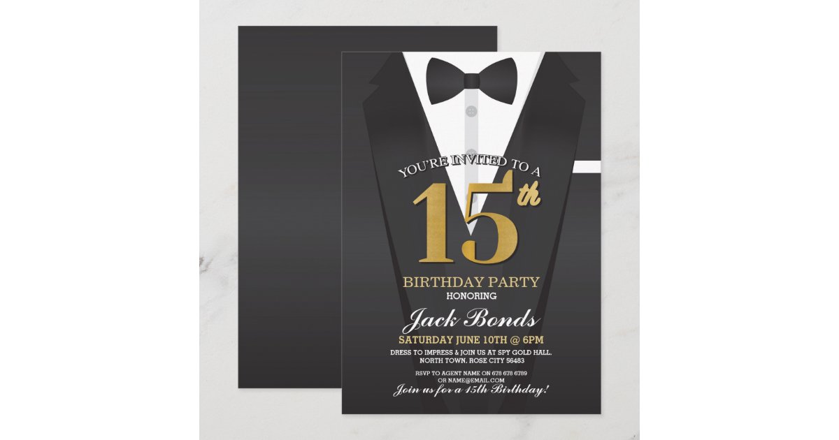 第15誕生日スパイスーツ黒ネクタイ金ゴールドタキシードボール 招待状 Zazzle Co Jp