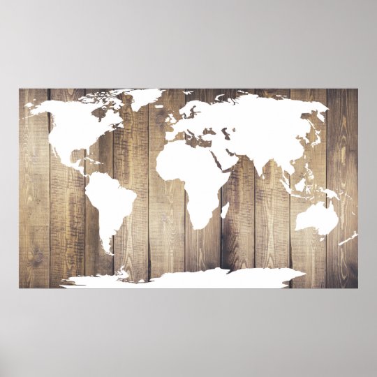 素朴な木の板の白い世界地図 ポスター Zazzle Co Jp
