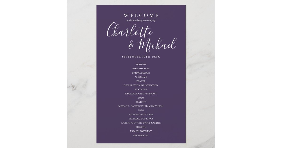 紫の署名エレガントスクリプト結婚式 プログラム Zazzle Co Jp