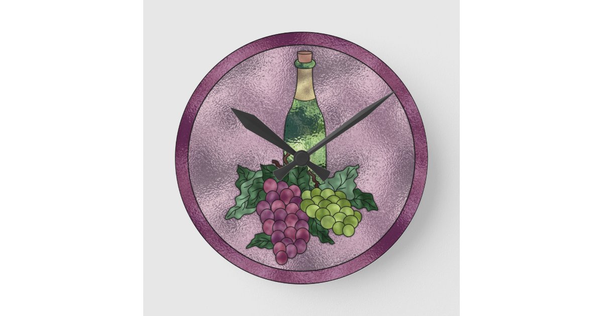紫色の緑ののどのステンドグラスのワインおよびブドウ ラウンド壁時計 | Zazzle.co.jp