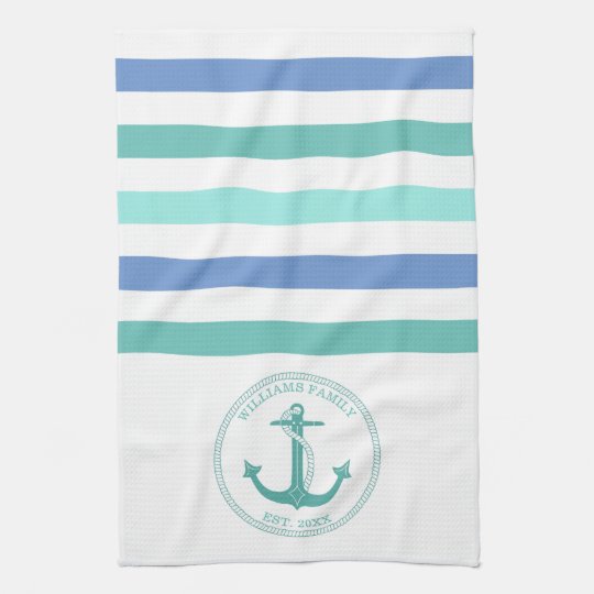 航海のティール 緑がかった色 いかりストライプファミリ名 キッチンタオル Zazzle Co Jp
