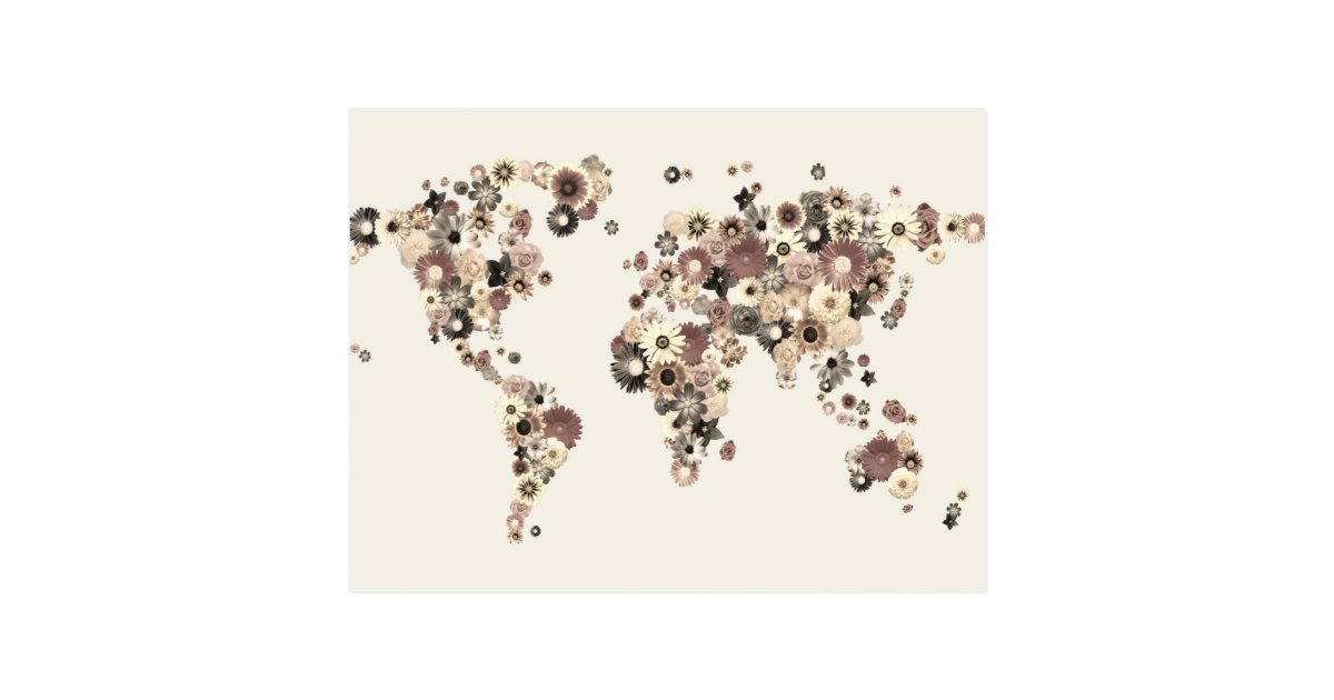 花の世界地図のセピア色 ポストカード Zazzle Co Jp