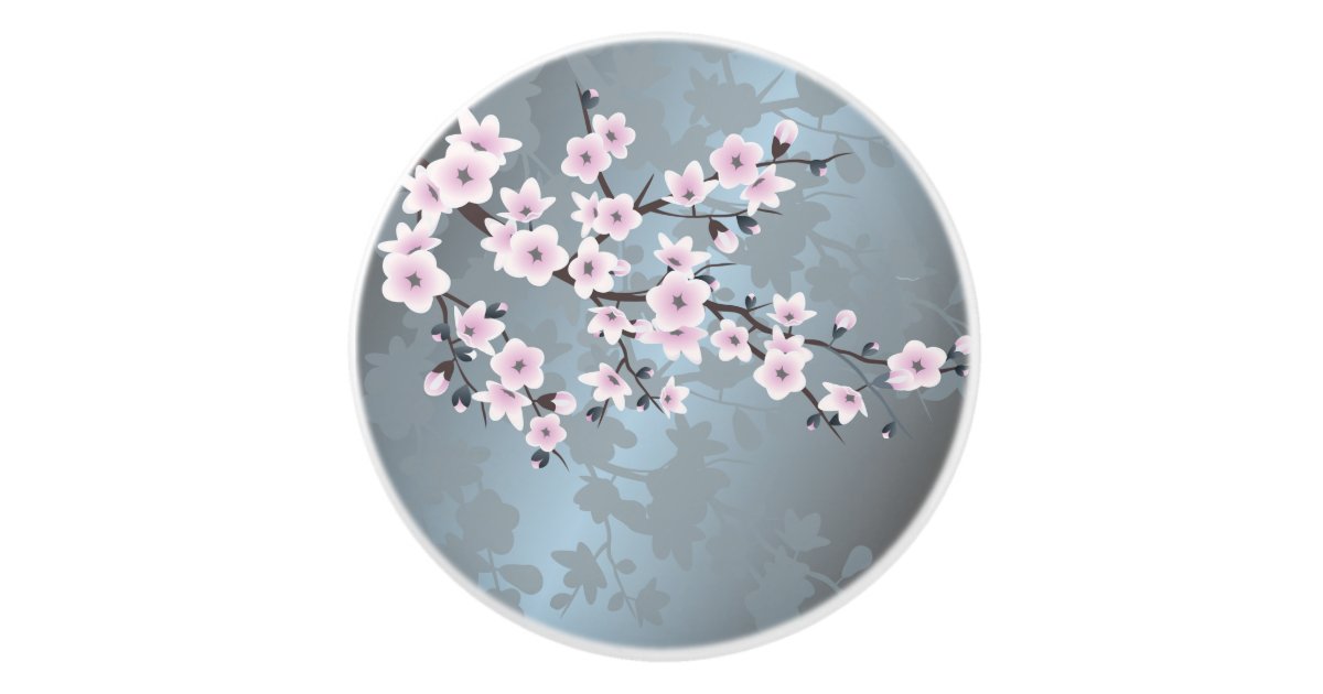 花duskyピンクの灰色がかった青い桜 セラミックノブ Zazzle Co Jp