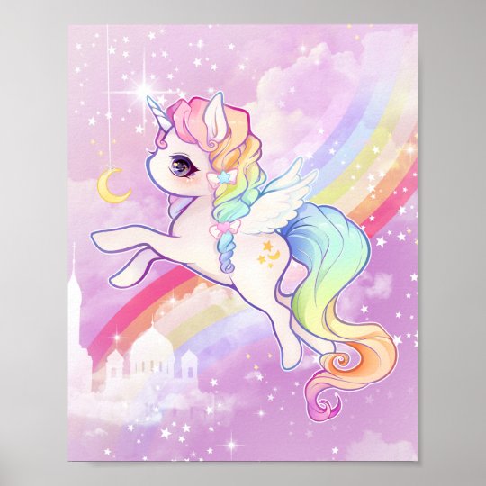 虹および城とのかわいいかわいいのパステル調のユニコーン ポスター