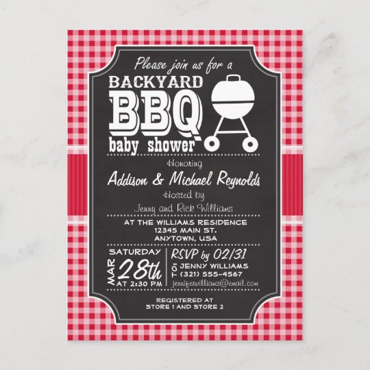 赤いギンガムbbqのベビーシャワーの招待状 インビテーションポストカード Zazzle Co Jp