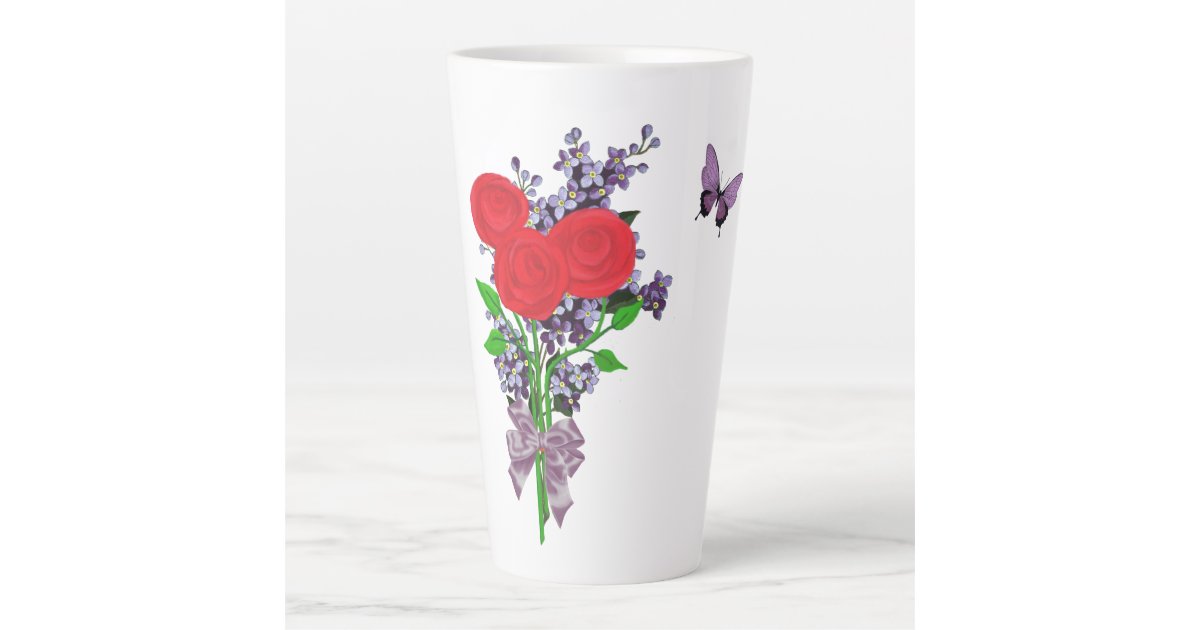 赤いバラと薄紫花束紫の蝶 カフェラテマグ Zazzle Co Jp