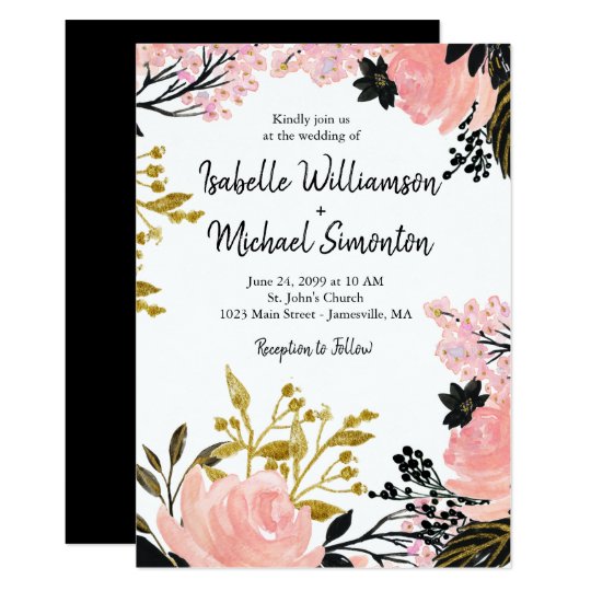 赤面のピンク 黒 金ゴールドの花柄の結婚式招待状 招待状 Zazzle Co Jp