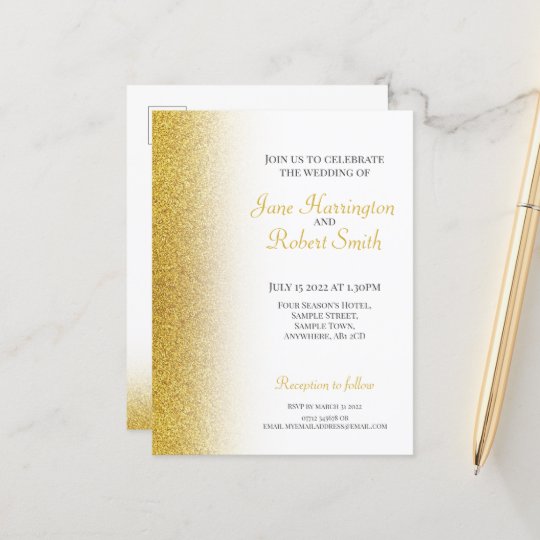 金ゴールドグリッター結婚のはがき招待状 シーズンポストカード Zazzle Co Jp