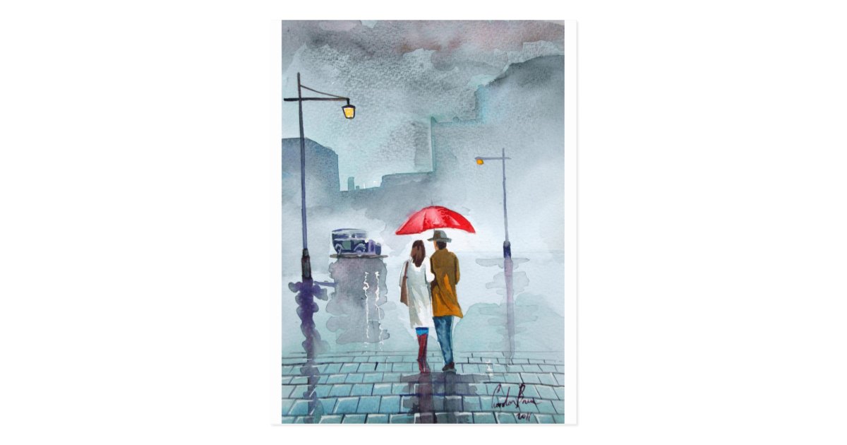 雨の日のロマンチックなカップルの赤い傘の絵画 ポストカード Zazzle Co Jp