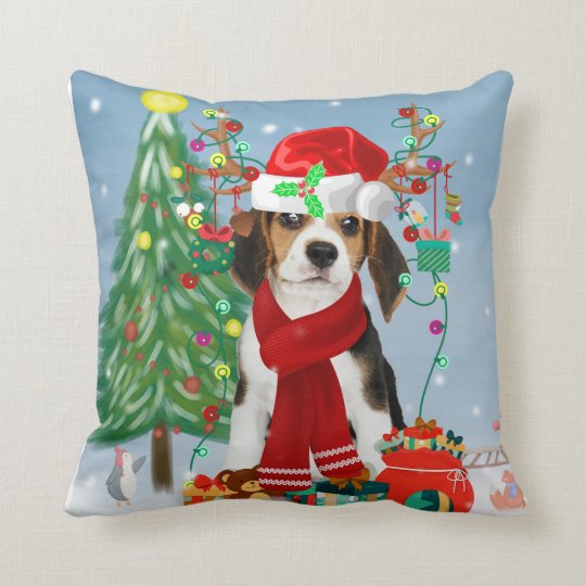 雪の中のビーグル犬とクリスマスプレゼント クッション Zazzle Co Jp
