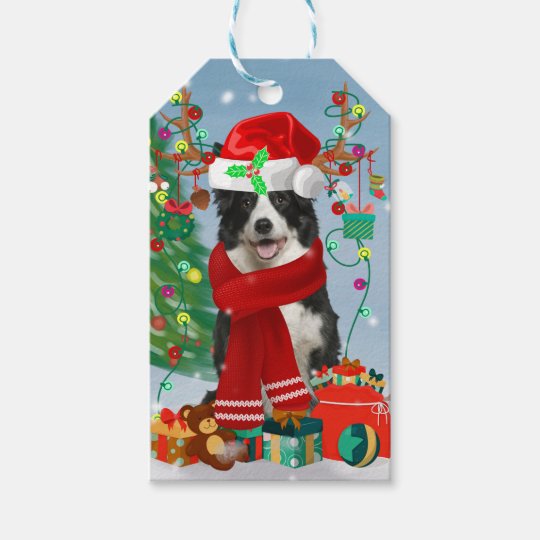 雪の縁ど中のコリー犬とクリスマスプレゼント ギフトタグ Zazzle Co Jp