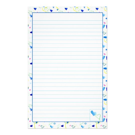 青いハートの水彩画によって並べられる手紙の筆記用紙 便箋 Zazzle Co Jp